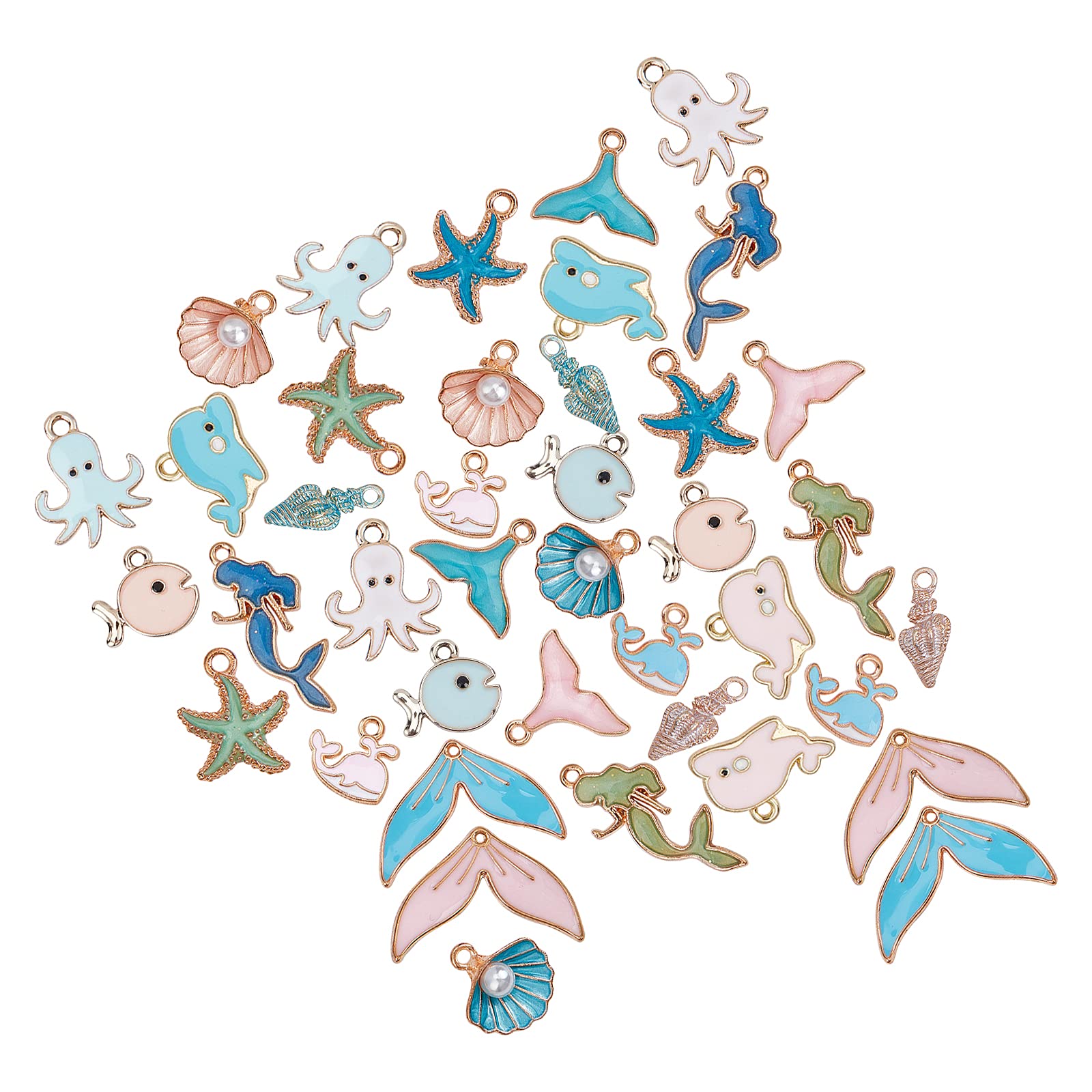 SUNNYCLUE 1 Box 40pcs 10 Styles Ocean Charms Set Mermaid Whale Tail Spiral Shell Sea Stars Octopus Fish Alloy Enamel Charms Pendants for DIY Earrings Necklace Bracelet Making Accessories
