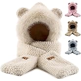 ​​Hooded Scarf Hat Gloves for Women Winter, Bear Ears 3-in-1 Set - Plush Faux Fur, Soft and Warm, Cute Hat with Mittens​​