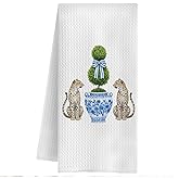 QWZDRHYJI Chinoiserie Topiary Tree Leopard Kitchen Towels, Grandmillennial Cheetah Dish Tea Towels for Kitchen, Blue Bow Trimmed Tree Cheetahs Decorative Hand Towel for Bathroom, 16x24 Inch