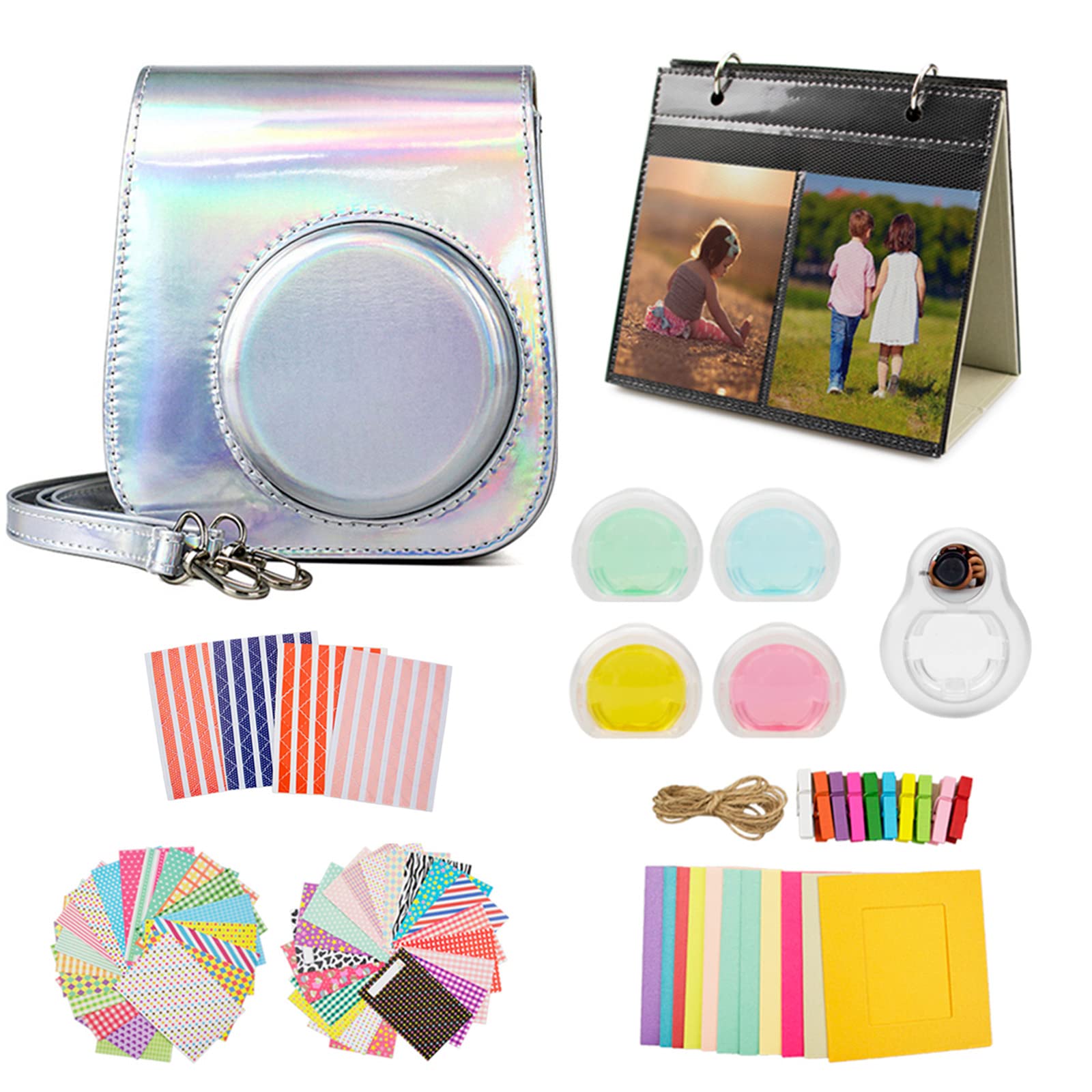 MUZIRI KINOKOO Camera Accessories Kit for Instax Mini 11 with Came Case/Table Photo Frame/Hanging Pictures Frame/Lens Filter/Selfie Lens/Border Stickers/Corner Stickers - Colorful Grey