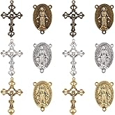 SUNNYCLUE 1 Box 60Pcs 6 Styles Rosary Cross Charms Crucifix Charm Easter Holiday Antique Silver Gold Bronze Oval Chandelier Links Rosary Bead Findings for Jewelry Making Charms Supplies DIY Necklaces