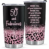 GoMelley 50th Birthday Gifts for Her, 50th Birthday Tumbler Gifts for Women, 50 Year Old Gift for Women Mom Friend Sister Wife, 50 and Fabulous Travel Mug, 20oz, Leopard