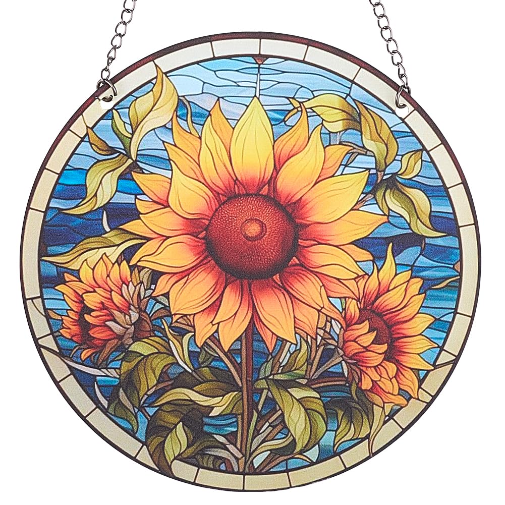 CREATCABIN Sunflower Suncatcher Stained Window Hangings Acrylic Window Panel Glass Window Hangings Decor Yellow Sunflower Decor Art Round Sun Catcher for Hangings Garden Ornament Gift 6x6Inch