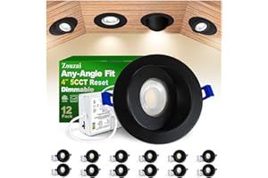 zouzai 5CCT LED Gimbal Recessed Light with Junction Box, 360°+90° Adjustable Directional Eyeball Lighting, Dimmable, 2700K/3000K/3500K/4000K/5000K,ETL&Energy Star【4 inch Black 12 Pack】