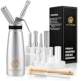 ROYLO GLOBE Professional 500 ml Aluminum Whipped Cream Dispenser,Maker | 2 Cleaning Brushes,6 Stainless Steel &amp; Plastic Tips- 1 Protective Cap,1 Pint Homemade Whipped Dispenser With Silicone Grip