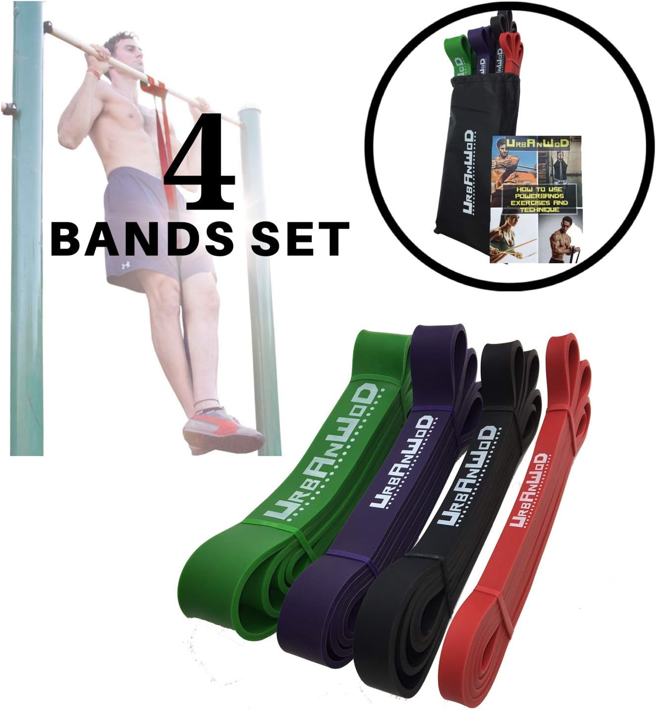 UrbanWOD- FAST DELIVERY - Set of 4 Strong Resistance Rubber Elastic Loop Bands for Assist Pull Up - Crossfit Calisthenics Freeletics Workout - Powerlifting - Stretching - Resistance Training.