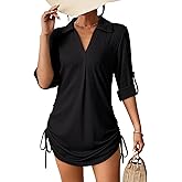Dokotoo Womens Summer Beach Cover Ups Casual V Neck Long Sleeve Swimsuit Coverup Pleated Solid Drawstring Dresses Shirt