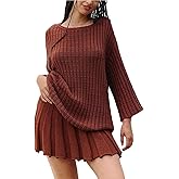 VECVOC Sweater Set Two Piece Skirt Sets for Women Long Sleeve Two Piece Outfits Loose Knit Pullover Mini Skirt,Brown,Medium