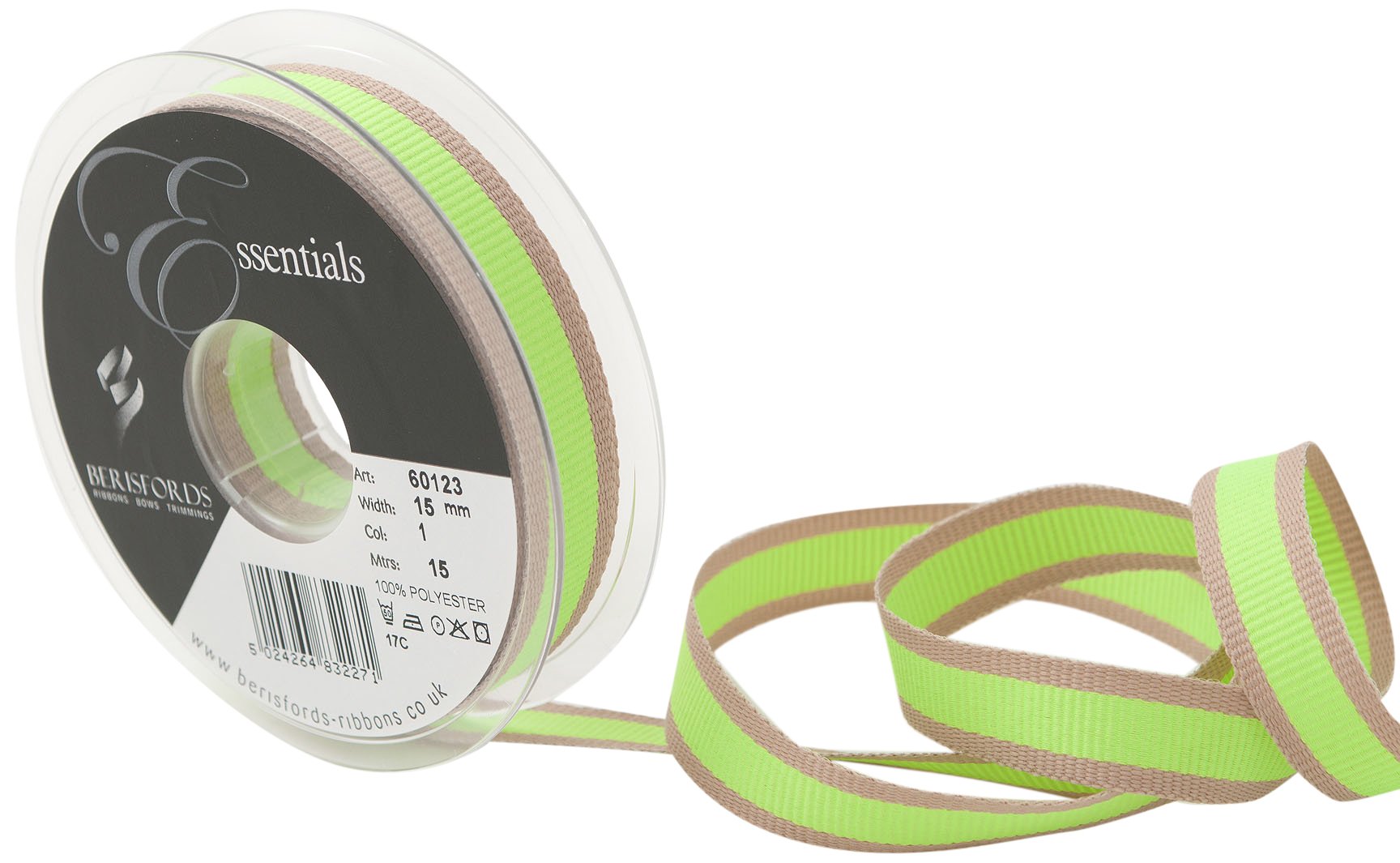 Berisfords NEON Oatmeal Stripe, Polyester, Lime, 10.2 x 2.1 x 10.2 cm