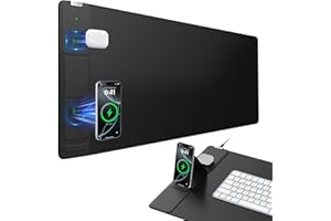 ABC.MAT Wireless Charging Mouse Pad with Foldable Phone Holder, 31.5"x15.8" Large Desk Mat for Laptop/Keyboard, Waterproof Ultra-Smooth Surface, Non-Slip Base, Black