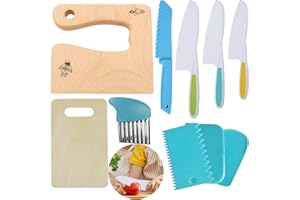 KOLODOGO 10 Pieces Wooden Kids Kitchen Knife Set, Include Wood Kids Knife Plastic Potato Slicers Cooking Knives Children's Safe Knifes Cake Scraper Kids Cute Rectangle Cutting Board