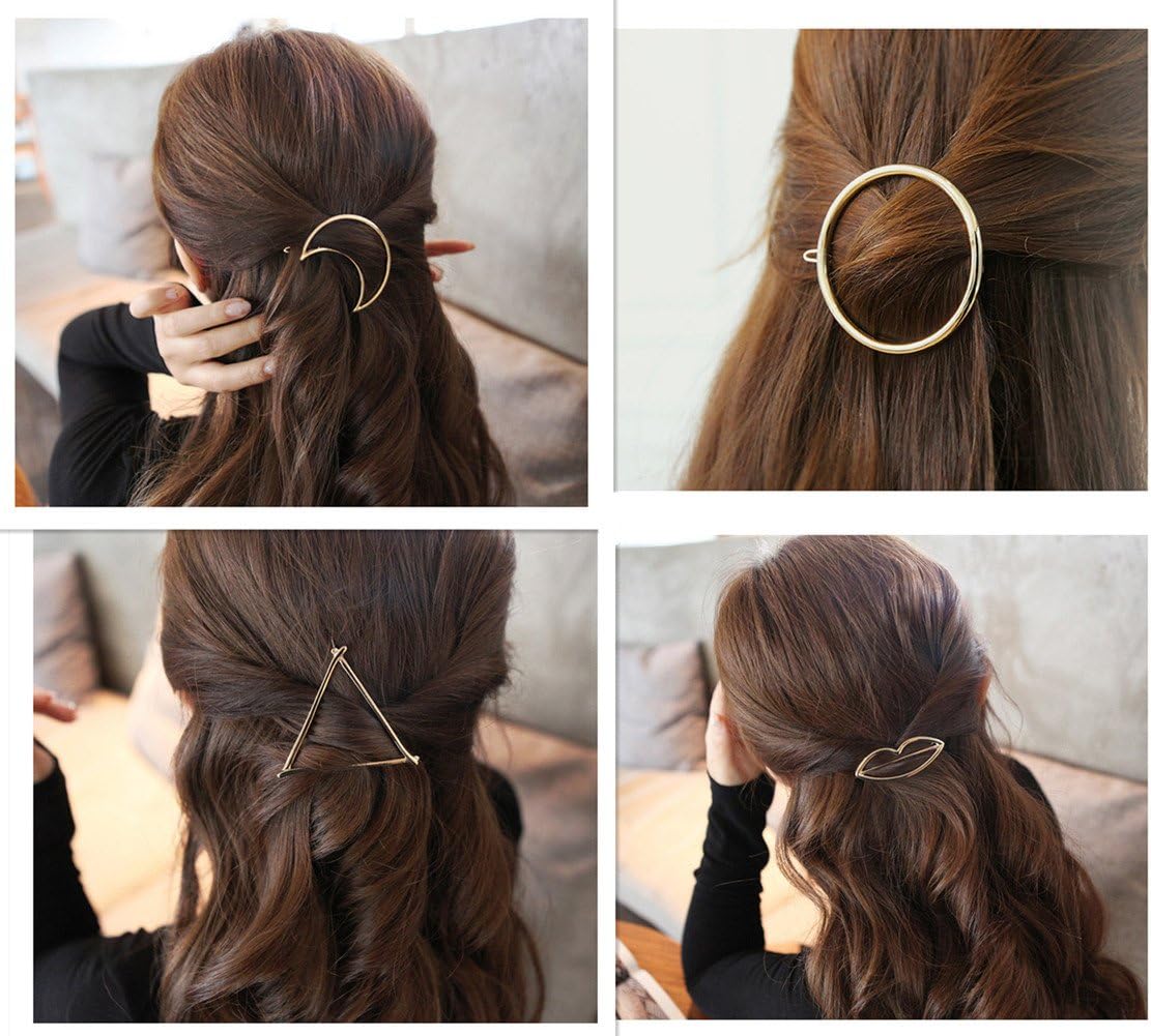 QTMY 4 Pcs Round Circle Triangular Lips Moon Shaped Hair Pin Clips Hair Jewelry Hair Accessories (Silver)