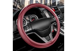 KAFEEK High-Grade Steering Wheel Cover, Leather Car Steering Wheel Cover Men Women, Universal 14.5-15 inch, Wine Red