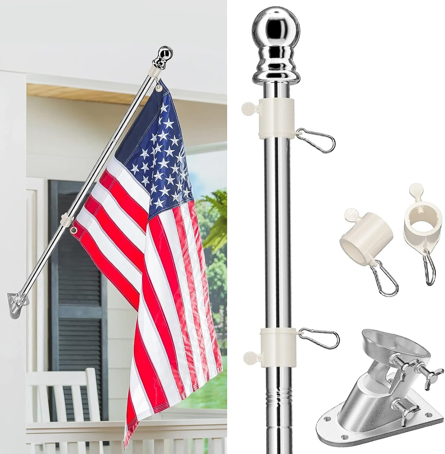 Flagpole Hardware - Flag Pole, Silver Flag Poles for 3x5 Flags Outdoor,Stainless Steel Flag Poles for Outside House, 5 FT Flagpole Kit and Wall Mount Holder Bracket, No Tangle Ring Clips, Garden Yard Porch Flagpoles