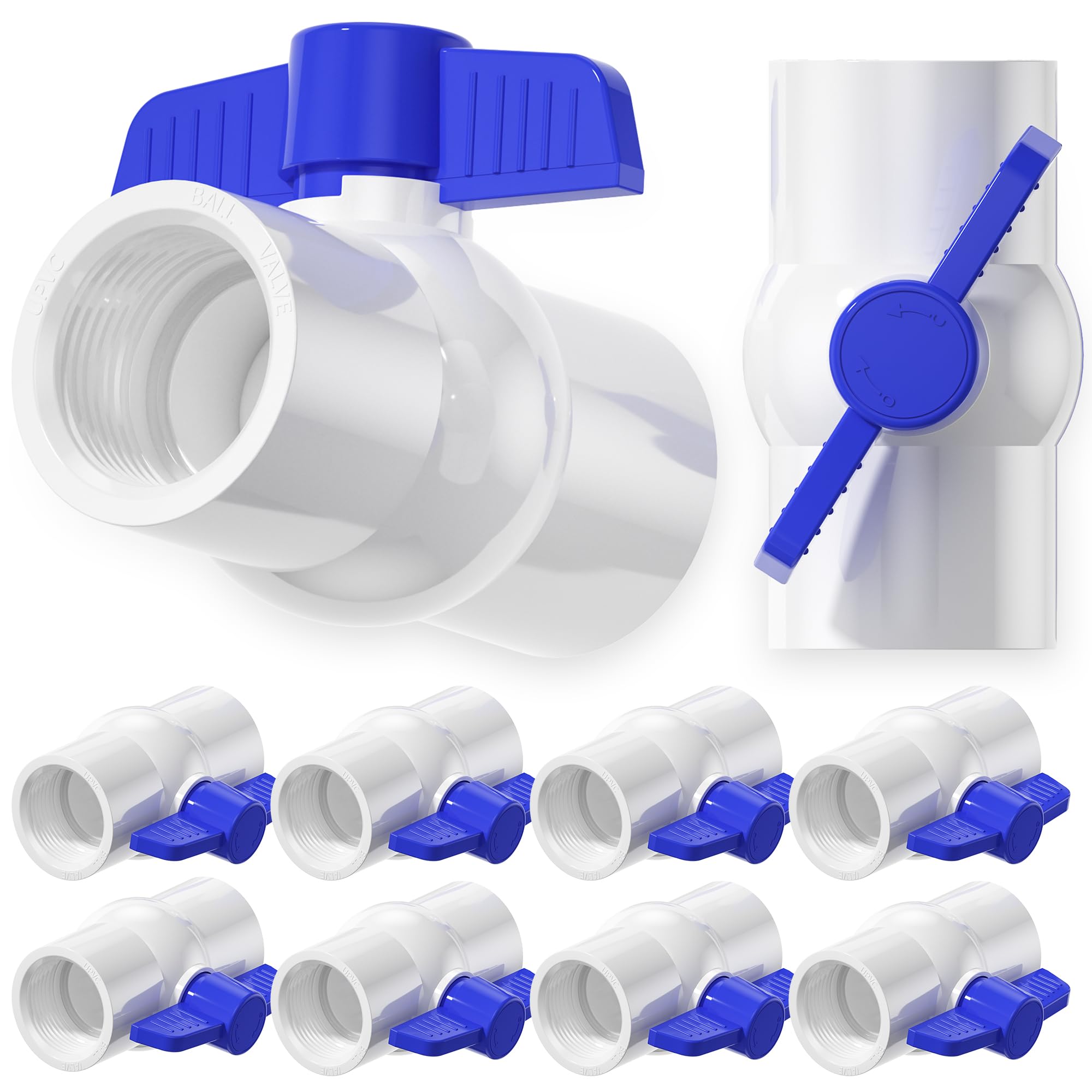 Photo 1 of 10PCS 1" NPT PVC Ball Valve, SCH40 PVC Water Pipe Valves Threaded, Blue T Handle Water Shut-Off Ball Valve, Shut Off Valves Socket for Water Project, Swimming Pool, Sprinkler Lines, Irrigation System