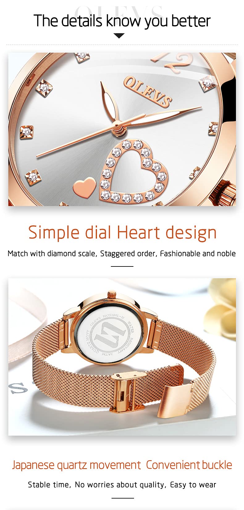 OLEVS Women's Rose Gold Watches Heart Diamond Japanese Quartz Movement Ladies Wristwatch Big Face Waterproof Mesh Belt Watch and Bracelet Set, Rose gold band and White dial, casual watch for women