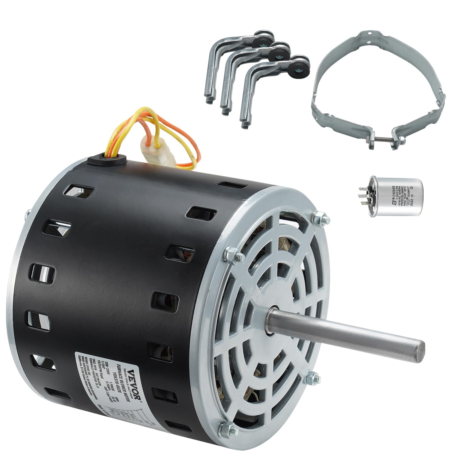 Photo 1 of **SCRATCHES** VEVOR 1/2HP Furnace Blower Motor, 1075RPM 5-Speed, 208/230V 2.7A, 48 Frame 3.4" Shaft Length, 0.5" Shaft Diameter, CW/CCW Dual Rotation, with 7.5?F/450V Capacitor and 11" Hold Hoop