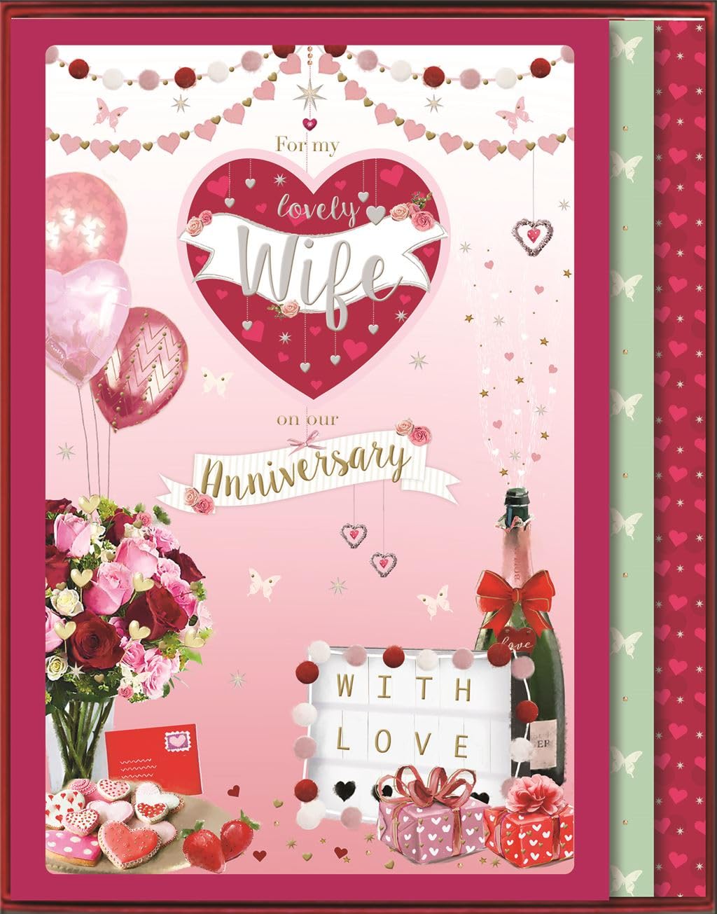 ICG Lovely Wife Large Luxury Handfinished Boxed Anniversary Card - Love Heart Balloons, Champagne and Flowers with a Flitter and Embellished Finish