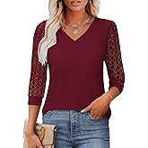 Spring Tops for Women 3/4 Sleeve V Neck Lace Blouse Dressy Casual Womens Tops S-XXL