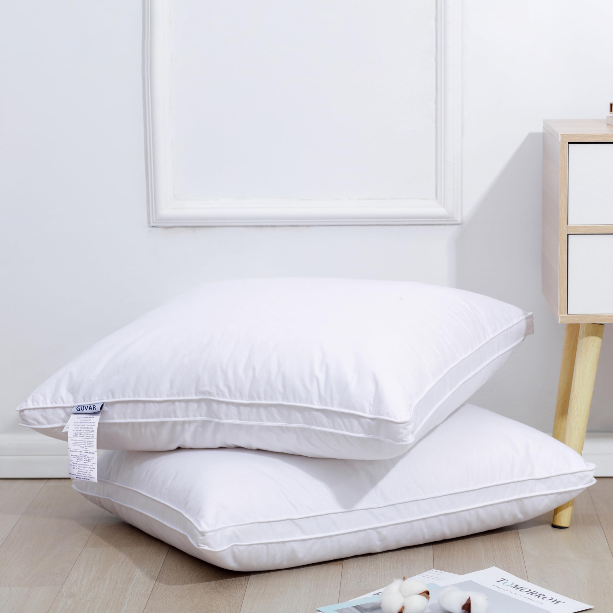 Guvar Soft Down Pillows for Sleeping(1 Pack),Standard(20inx26in) - White Goose Down Feather Bed Pillow Inserts,100% Cotton Cover,Lightweight,Fluffy Sleeping Pillows for All Sleepers