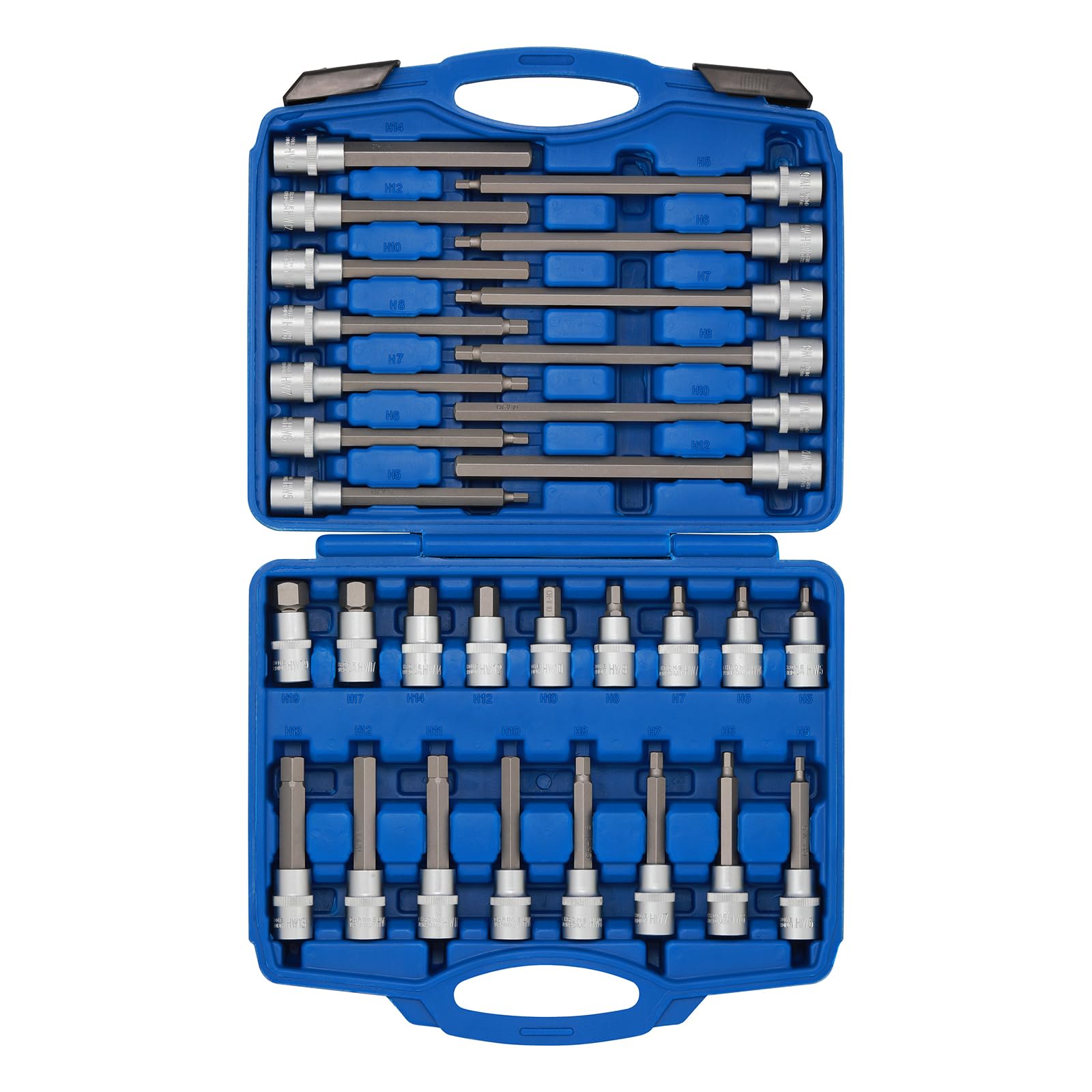 CASOMAN 1/2" Drive Hex Allen Key Bit Socket Set, H5-H19, CR-V, 30Pcs Extra Long Hex Bit Set, Extra Long Internal Hexagon Bit Socket Set