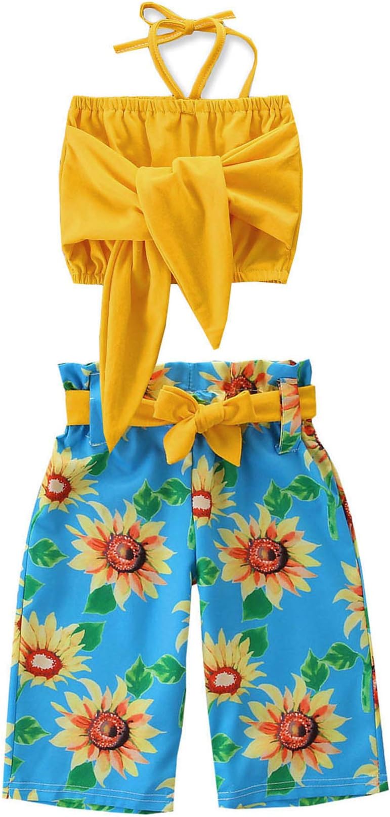 1-6T Baby Girl Pleated Wide Leg Palazzo Pants Outfits Halter Straps Off Shoulder Floral Vest Tops 2pcs Fall Outfit