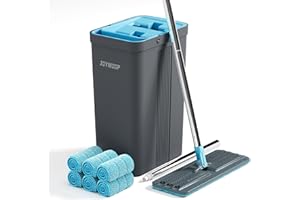 JOYMOOP Mop and Bucket Set with Wringer, Mops for Floor Cleaning, Wall Mop Cleaner with Long Handle, with 6 Reusable Microfiber Mop Pads - Grey+Cyan Blue