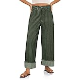 Cicy Bell Womens Striped Wide Leg Jeans Baggy Boyfriend High Waisted Cuffed Denim Pants with Pockets