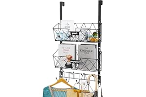 HapiRm Multifunctional Over The Door Hooks, Stainless Steel Door Hanger with 9 Hooks and 2 Mesh Baskets, Over The Door Organizer for Photos, Files, Mail and Magazines-Black (for 1.6in Doors)
