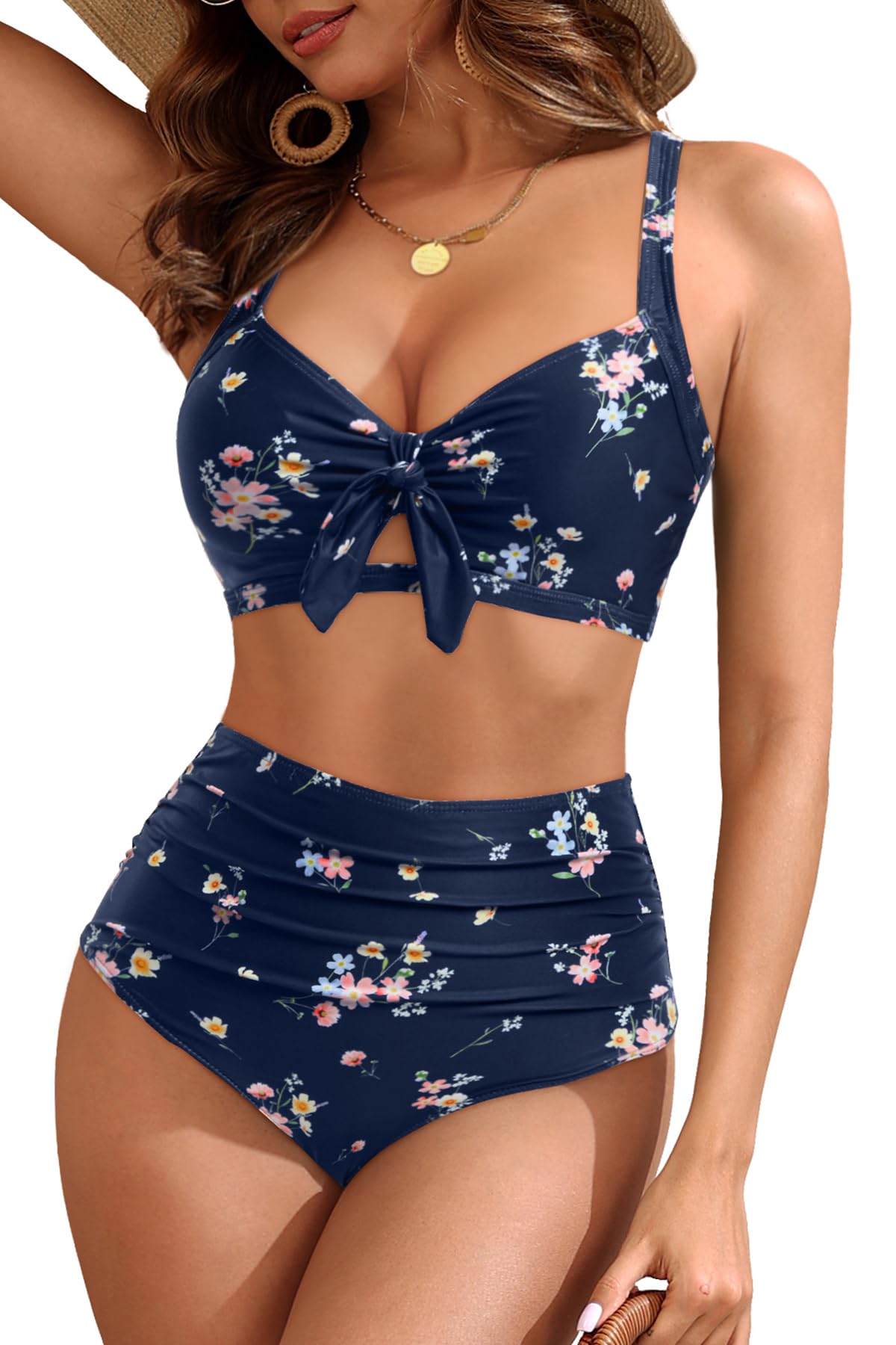 Photo 1 of Tempt Me Navy Floral Two Piece Swimsuits - High Waisted Bikini Tummy Control Full Coverage Bathing Suits Ruched Tie Knot Swimwear M