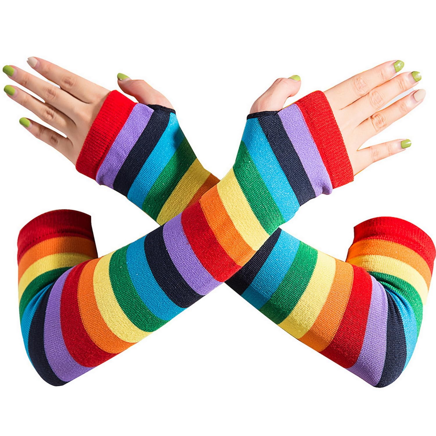Women's Arm Warmers,Long Colorful Stripe Gloves,Knitted Fingerless Gloves,Fashion Gloves for Halloween Cosplay Punk Gothic Rock Costume Accessories
