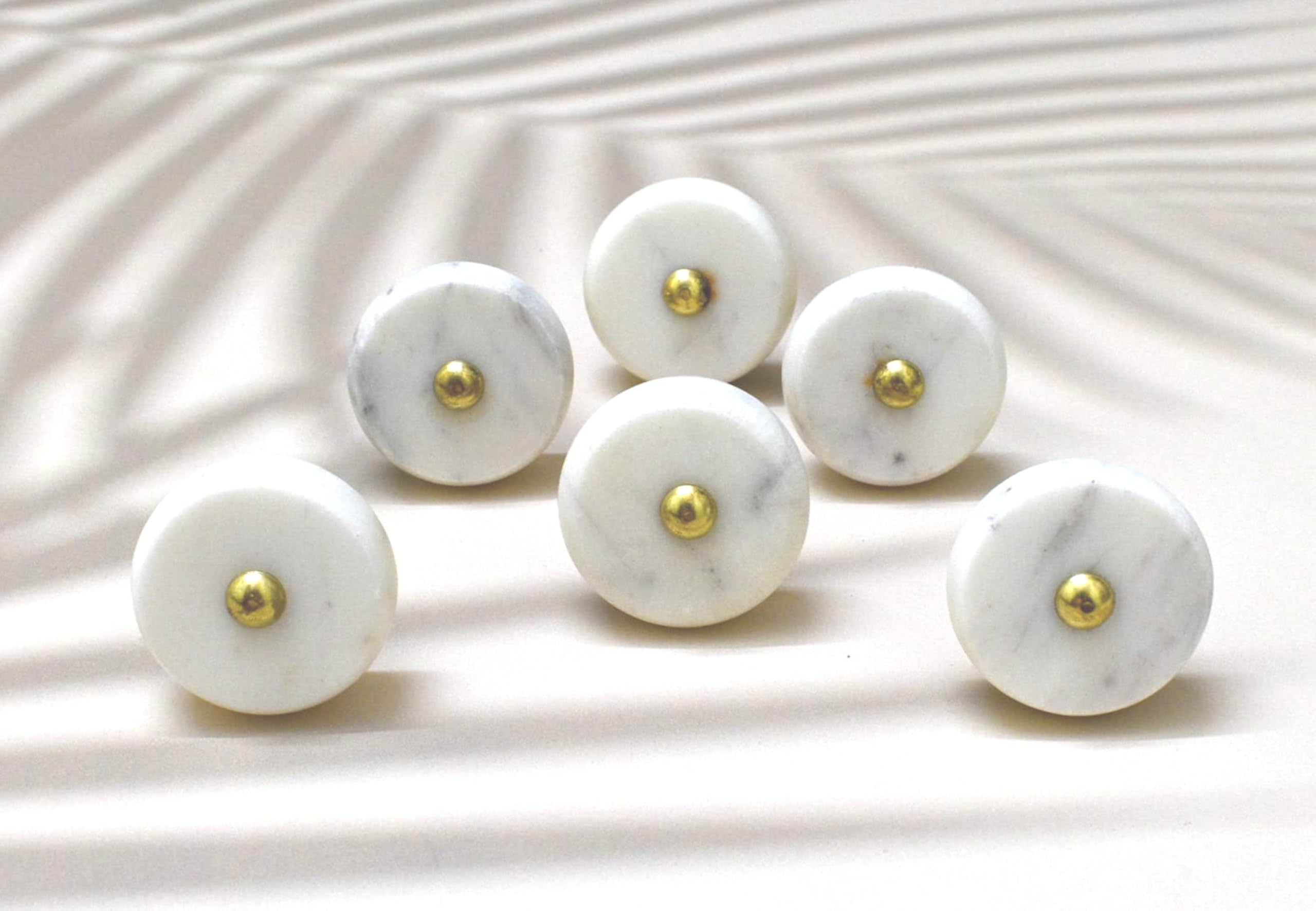 ARTISNO Round Stone Brass Knob | Pull Handle | Drawer Knob | Furniture Knob | Cabinet Knob | Gold | Natural Stone | Brass Handle (White) Set of 6