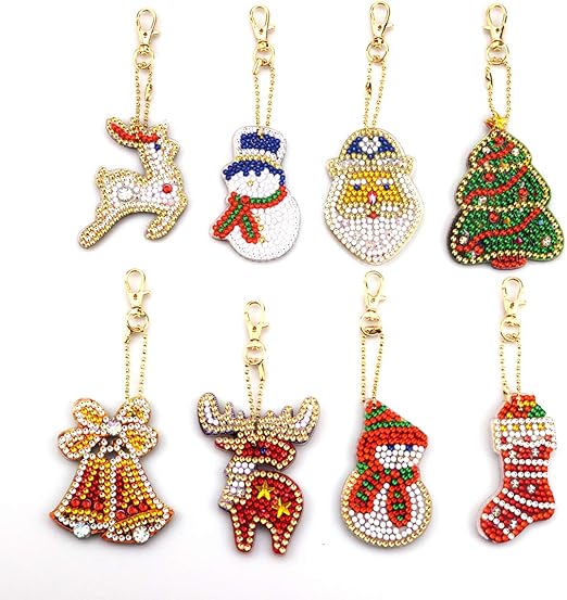 8 Pieces Christmas DIY Diamond Key Chain 5D Diamond Painting Key Ring Pendant Full Drill