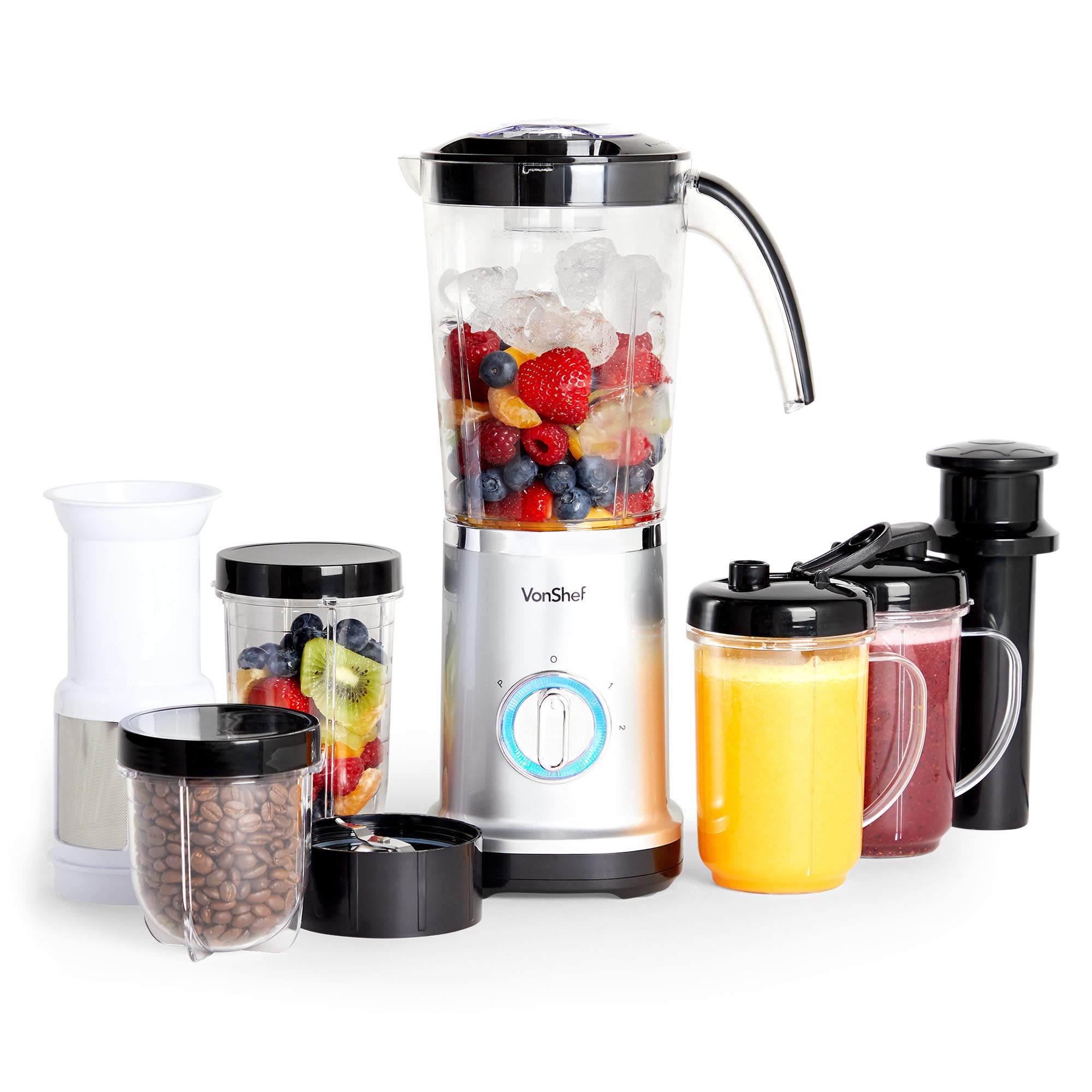 VonShef Blender, Juicer & Grinder – 4 in 1 Multi-Function Smoothie Blenders for Kitchen with 2 Speeds & Pulse Function, 17 Piece Juicer, Blender and Grinder Set for Ice, Smoothies, Shakes, 220W