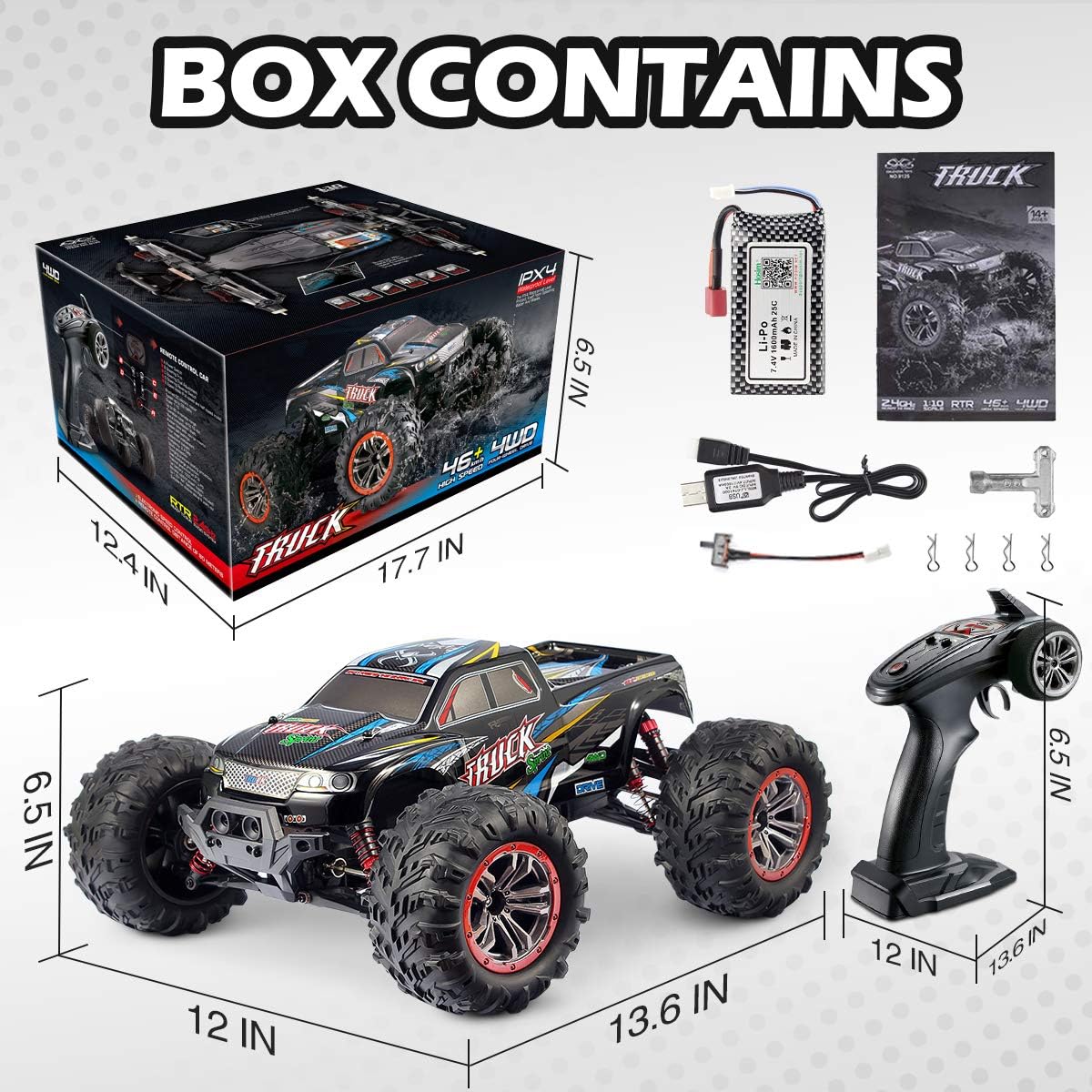 Hosim Large Size 1:10 Scale High Speed 46km/h 4WD 2.4Ghz Remote Control Truck 9125,Radio Controlled Off-Road RC Car Electronic Monster Truck R/C RTR Hobby Grade Cross-Country Car (Blue): Toys & Games