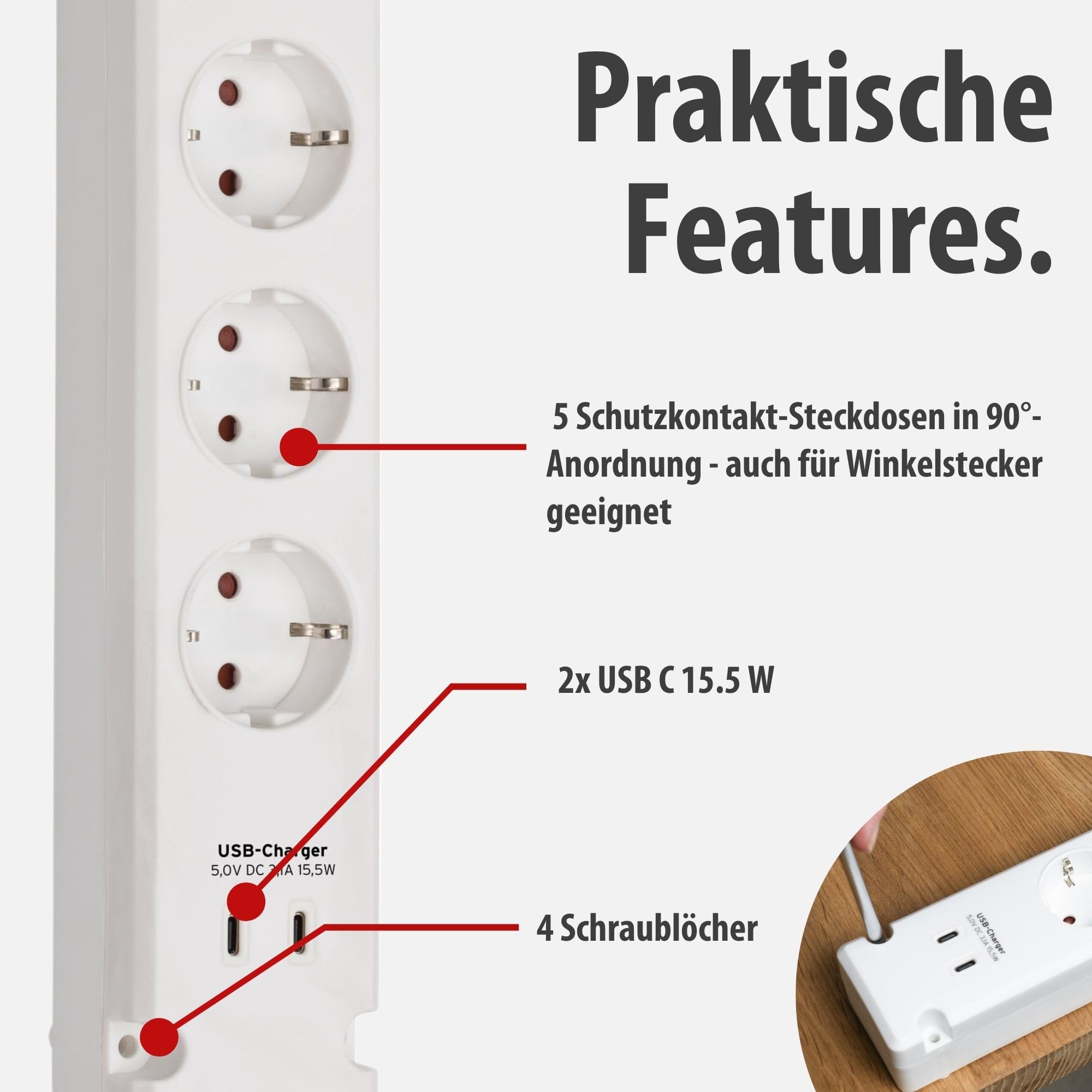 Brennenstuhl Bremounta Steckdosenleiste 5-Fach mit USB C-Ladefunktion (Mehrfachsteckdose mit Schalter, Steckerleiste Wandmontage, 2X USB C und 3m Kabel) weiß 3