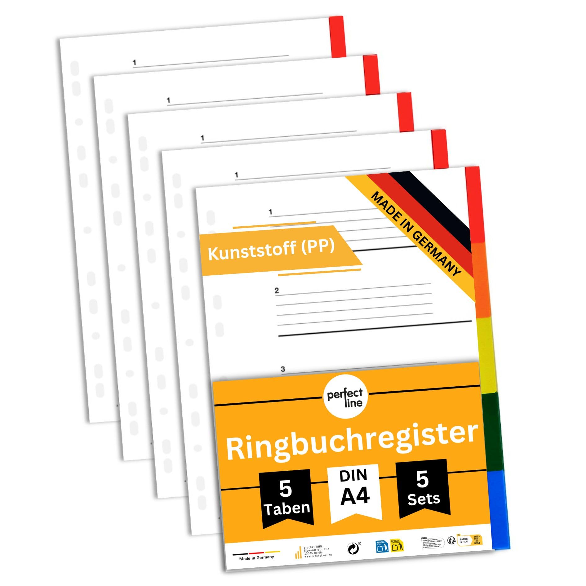 perfect line Plastic File dividers A4, Folder dividers for Lever Arch Files, 5-piece, Set of 5, PP Synthetic, Made in Germany