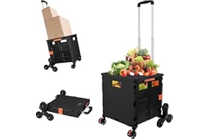 FELICON SELORSS Folding Utility Cart Portable Rolling Crate Handcart with Stair Climbing Wheels&360°Swivel Wheels Telescoping Handle Plastic Box Dolly for Travel Shop Move Office Teacher Use(Black)