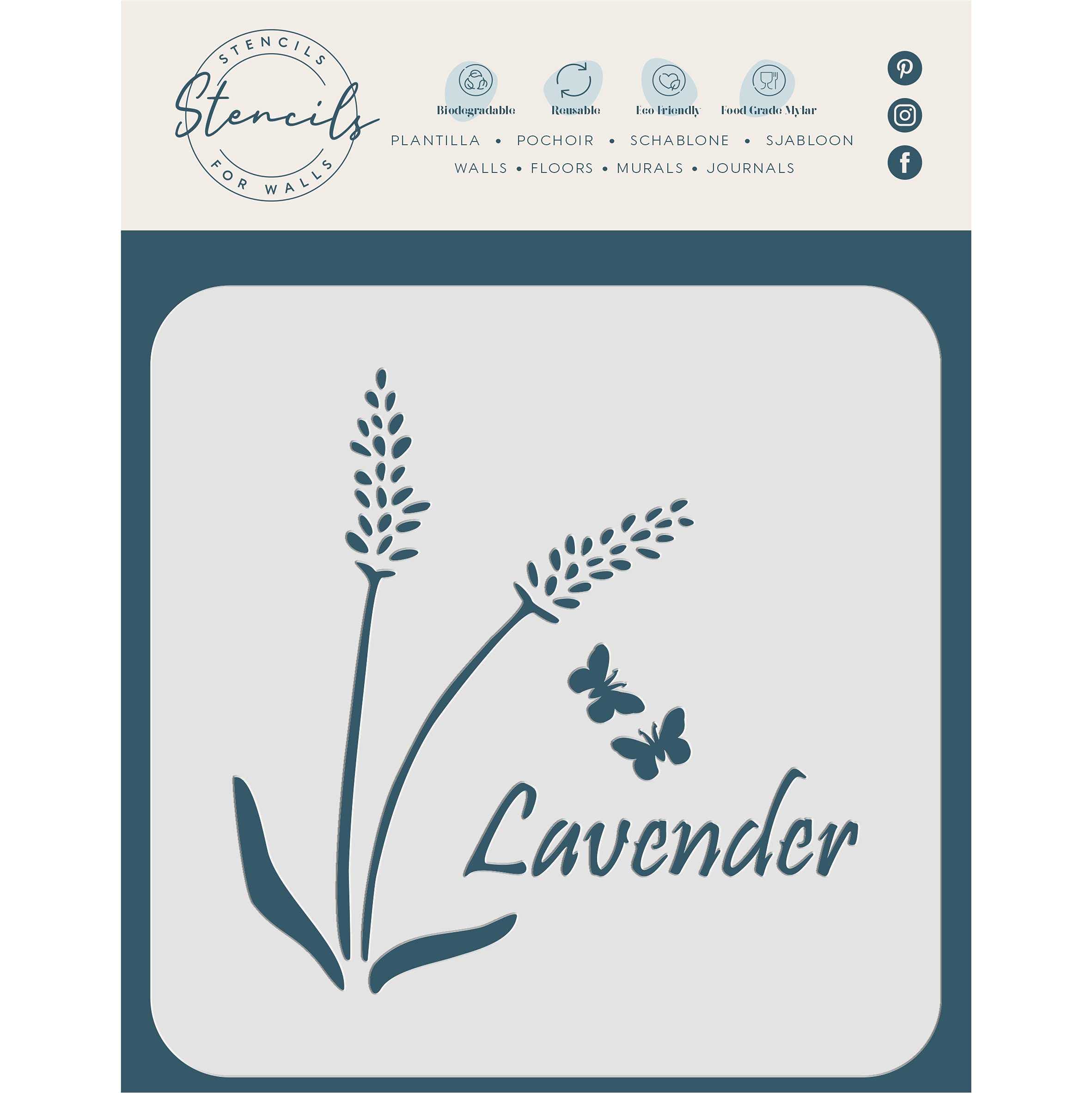 Stencil Lavender Stencil, 11.4 x 11.4 cm (M) - Vintage Floral Flower Herb Word Stencils for Painting Template