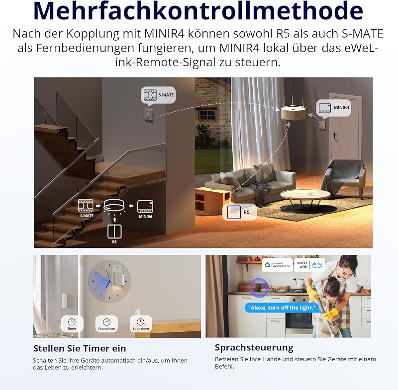 MINIR4 Wlan Smart Schalter 2 Wege 4PCS - Smarte Lichtschalter mit Timing-Funktion, Relay Split Mode, 2.4G WiFi, Neutralleiter erforderlich, Funktioniert mit Alexa/Google Home/eWeLink App