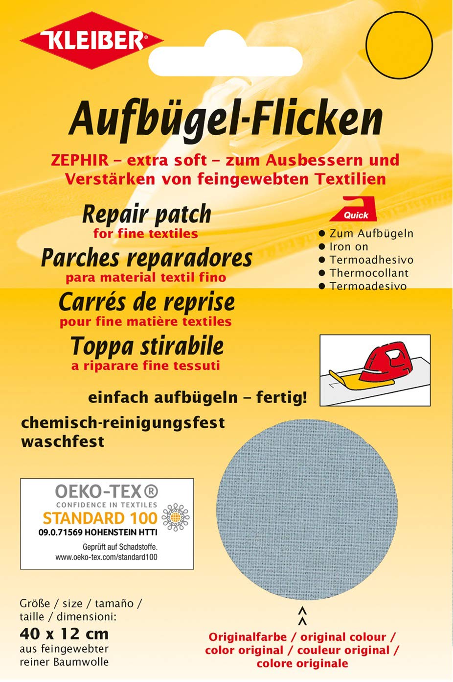 Kleiber Cotton Iron-On Repair Patch for Fine Knit Textiles, Light Grey – 40 x 12 cm Soft Mending Fabri