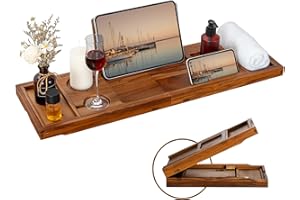 FUN MEMORIES Teak Bathtub Tray - Luxury Bath Tray with Expandable Handles, Wine Glass and Phone Holders, Book Stand - Perfect for Home Spa Relaxation and Reading - Natural Bath Accessories - Light Walnut Color