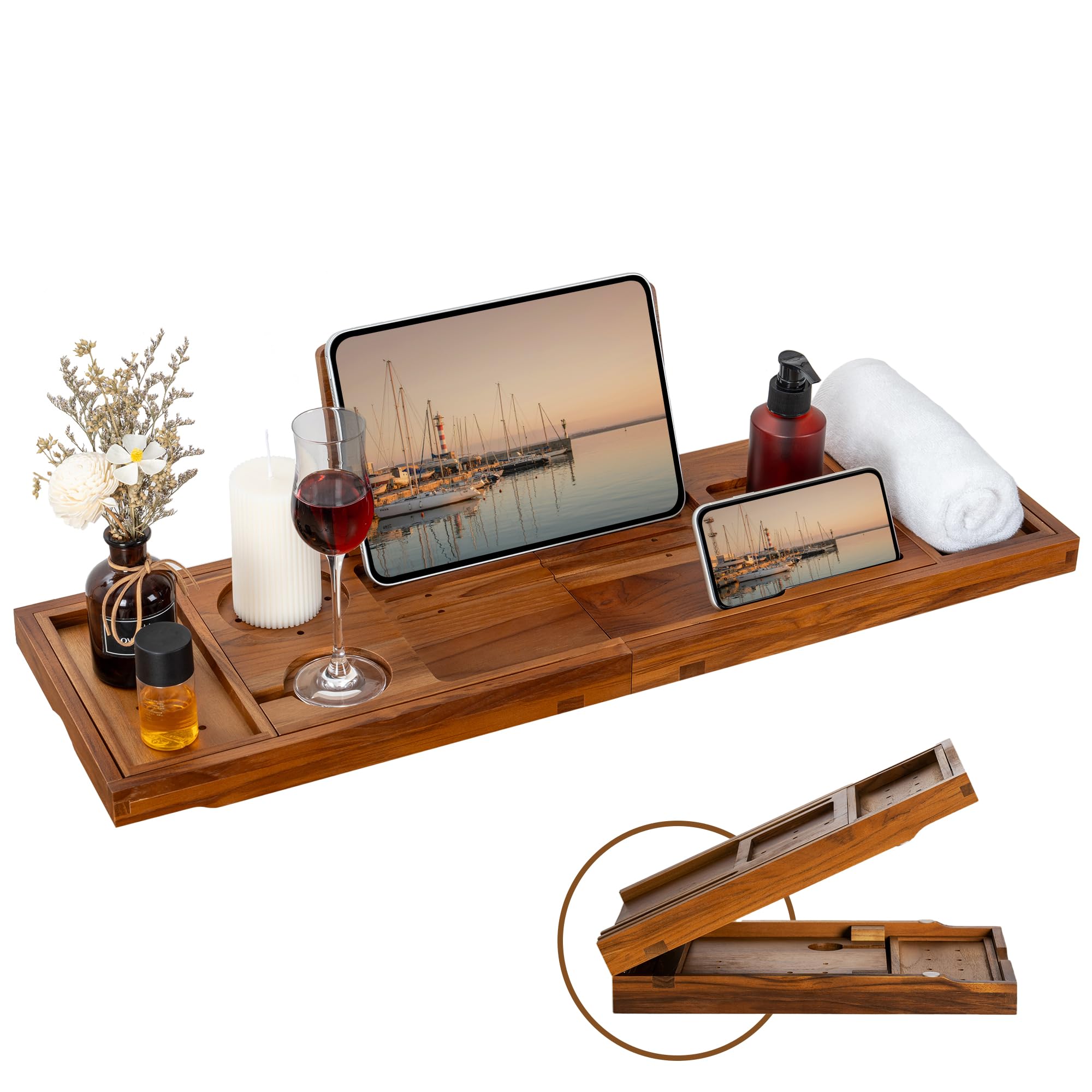 Photo 1 of (DAMAGED ON ONE SIDE) Teak Bathtub Tray - Luxury Bath Tray with Expandable Handles, Wine Glass and Phone Holders, Book Stand - Perfect for Home Spa Relaxation and Reading - Natural Bath Accessories - Light Walnut Color