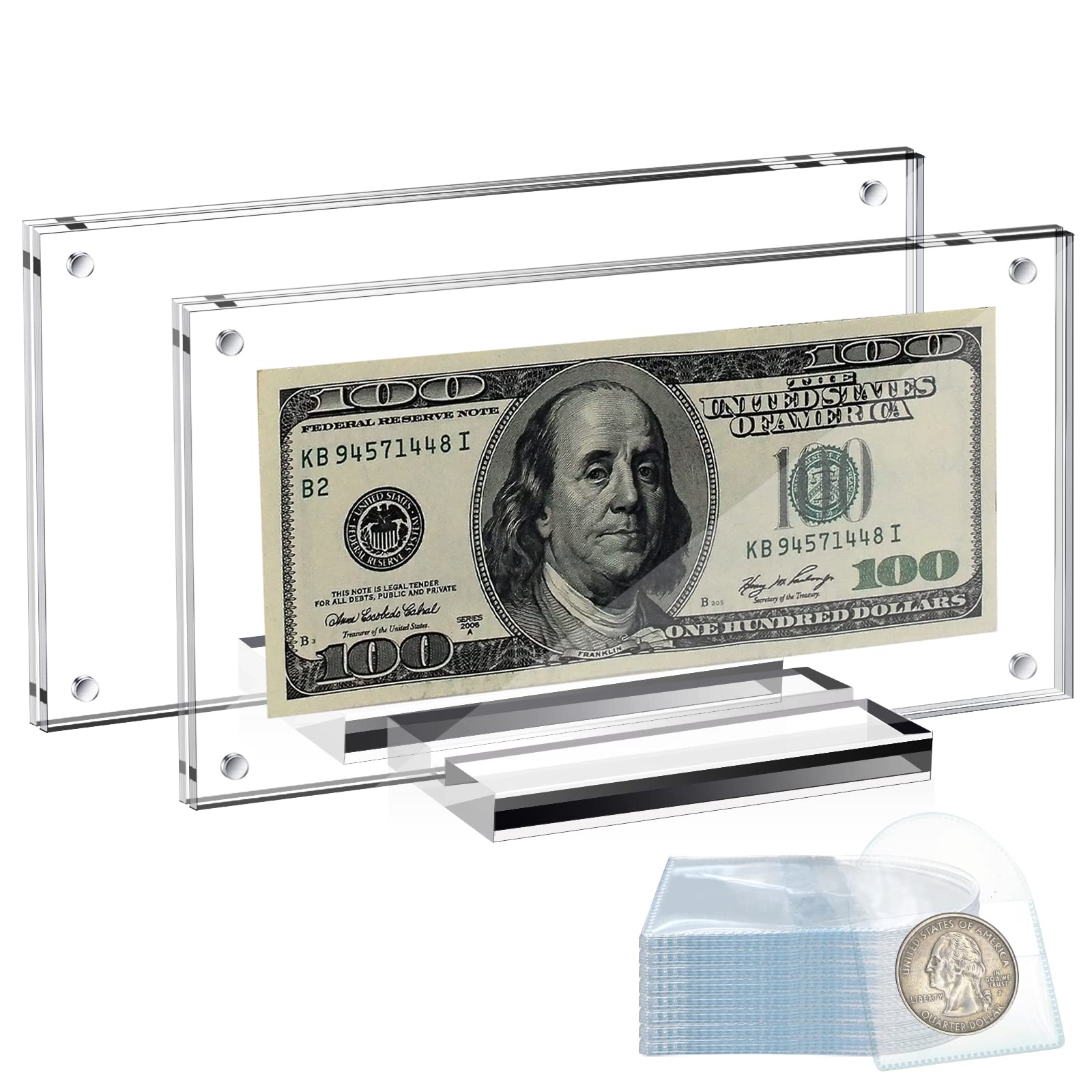 ToyaJeco 2Pcs Acrylic Dollar Bill Holder, Clear Currency Paper Money Display Frame, 7.3 x 3.4 in Dollar Bill Case with 50Pcs Single Pocket Coin Flips for Regular Bill Collectors Collections