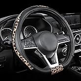 Road Comforts D-Type Steering Wheel Cover - Made with PVC Leather and Leopard Fabric - Universal Fit for 15-Inch D-Shaped Automotive Steering Wheels (Black Color)