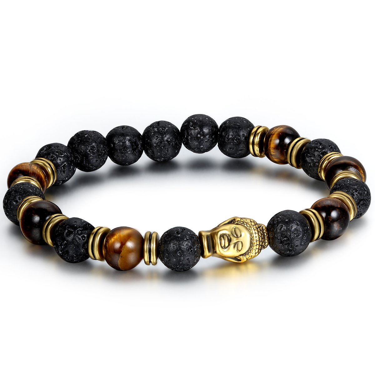 Flongo Men's Black Brown Stone Beads Yoga Antique Buddha Bracelet (Gold Black)