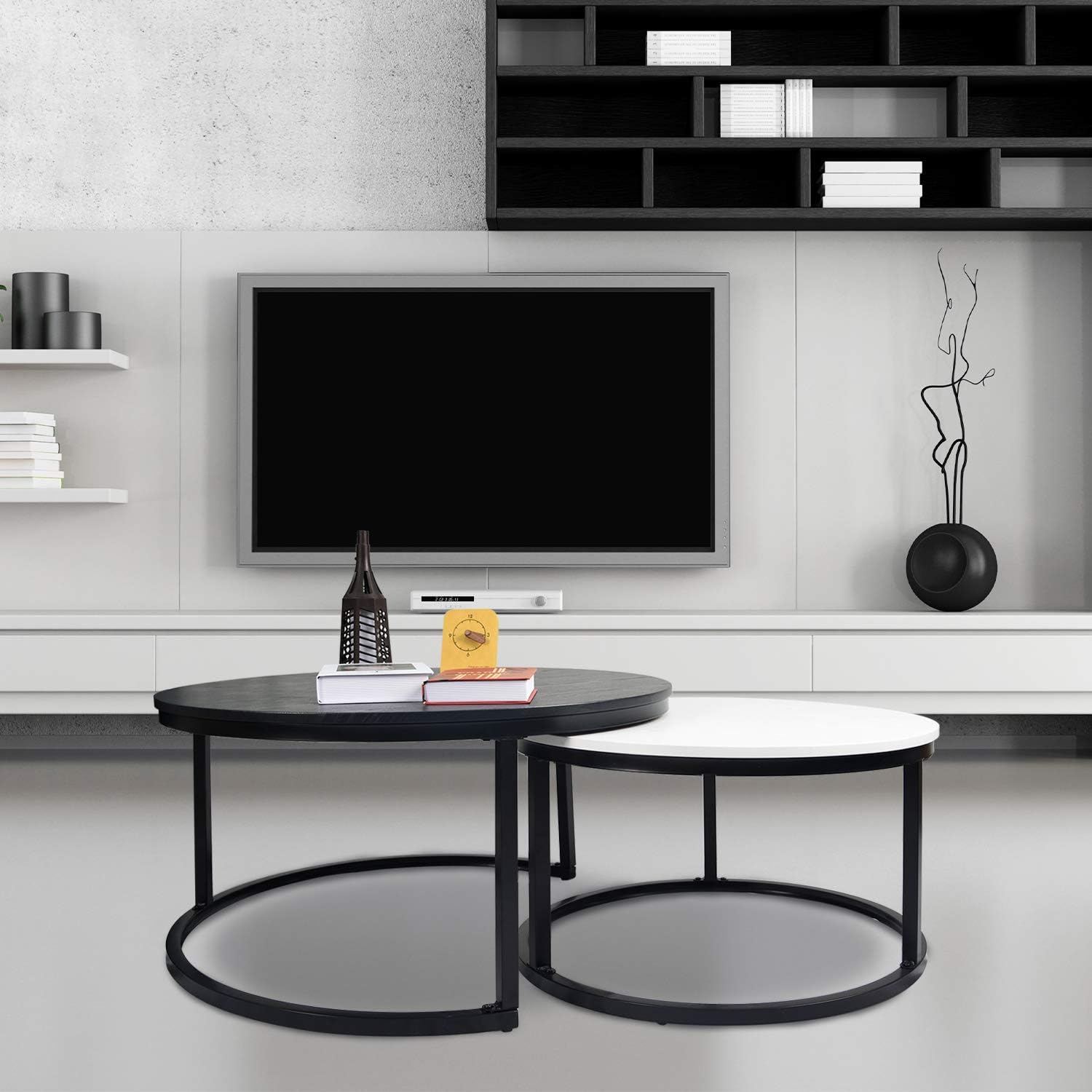 charaHOME Round Coffee Tables,2 Round Nesting Table Set Circle Coffee Table with Storage Open Shelf for Living Room Modern Minimalist Style Furniture Side End Table of Stable(Black & White): Kitchen & Dining
