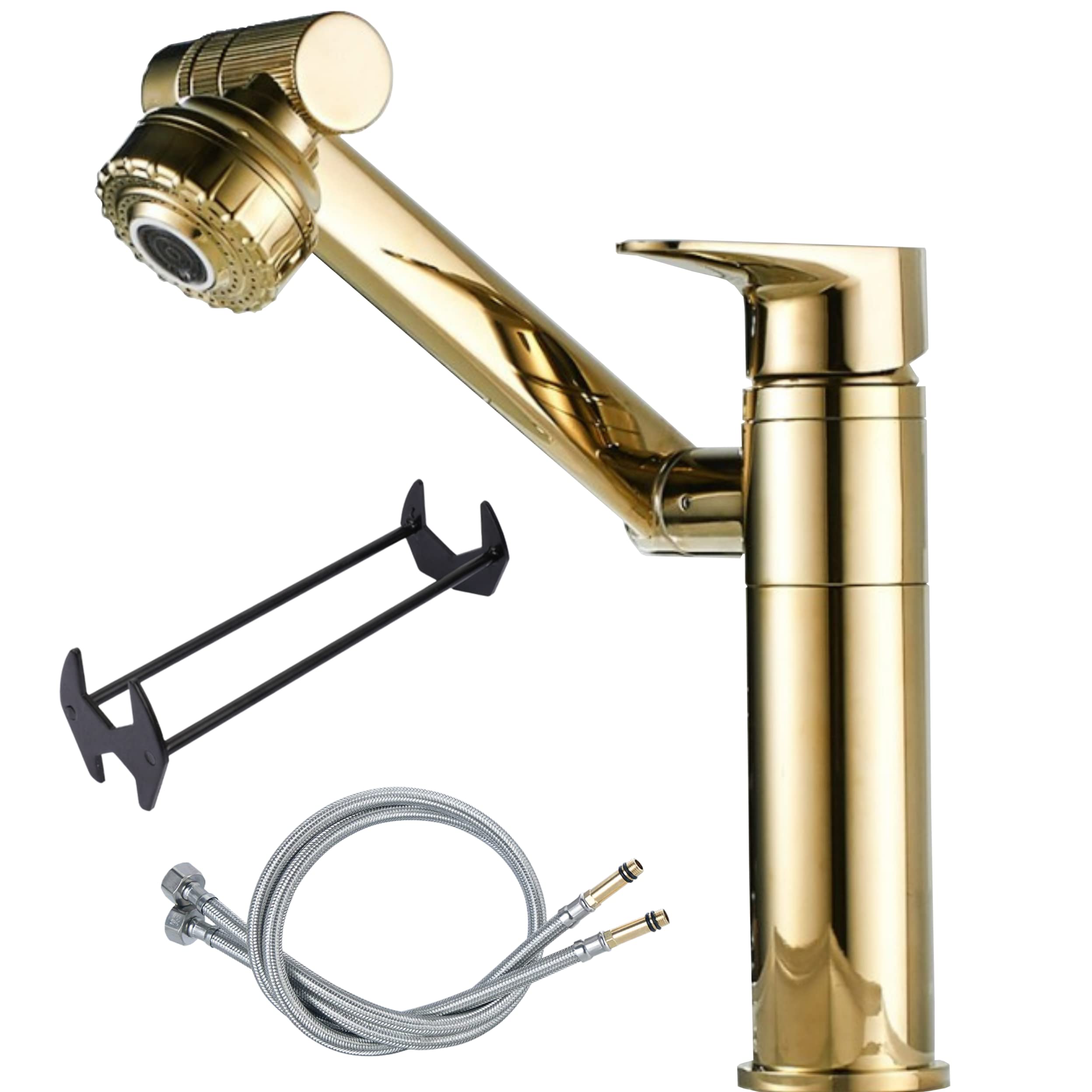 TradeProvider® Kitchen Sink Faucet Mixer Tap 360° Swivel Bathroom Bar Tub Taps, (2pcs) Flexi Tap Connector Hose 10M x1/2 (600mm), Plumbing Tool Four-Claw Hexagon Sink Wrench (Gold Mixer Tap)