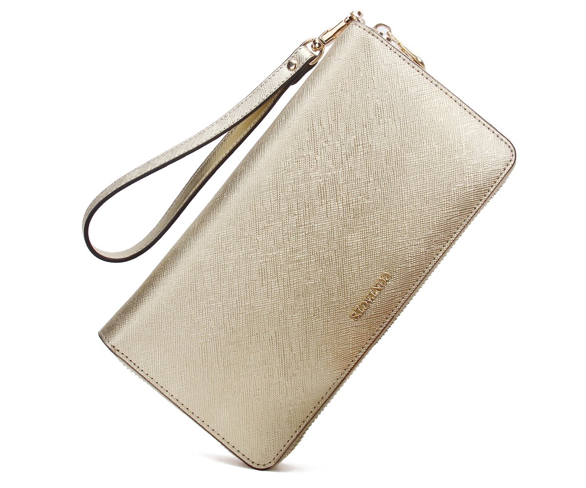 Contacts Genuine Leather Wallet for Women Phone Wallet Card Holder Coin Purse Zipper Around Wallet Party Clutch with Wristband(Gold)