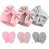 Newborn Baby Hats and Mittens Set Infant Bow Beanie Cap Toddler Gloves Newborn Hospital Hats for Baby Boy Girl 0-12 Months